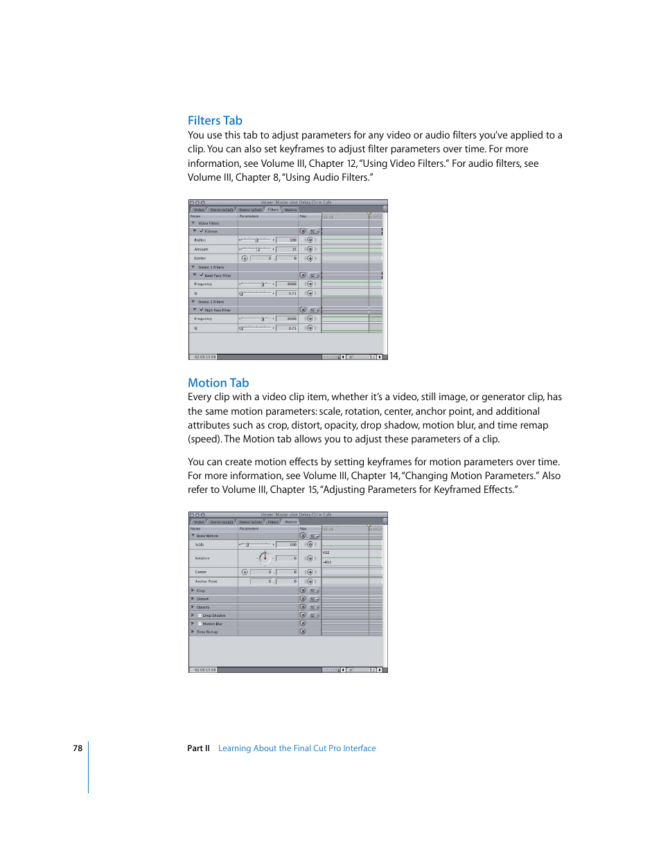 Filters tab, Motion tab | Apple Final Cut Pro 6 User Manual | Page 79 / 2033