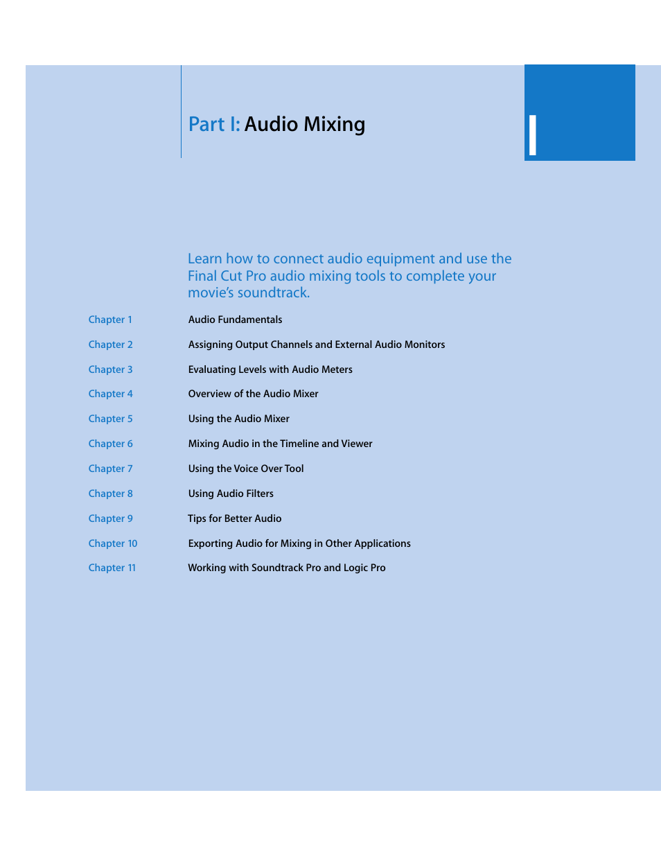 Parti: audio mixing, Part i, Audio mixing | Part i: audio mixing | Apple Final Cut Pro 6 User Manual | Page 800 / 2033