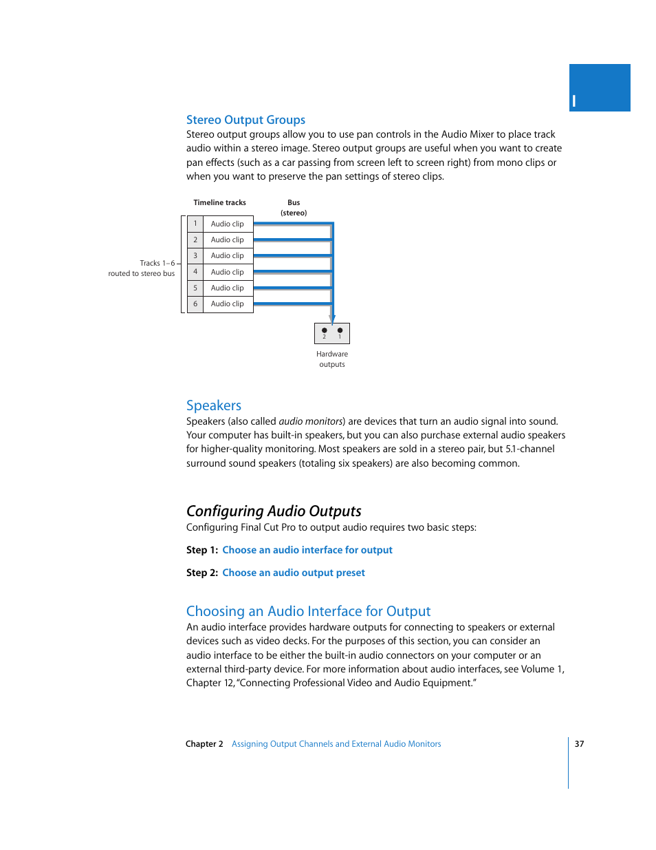 Stereo output groups, Speakers, Configuring audio outputs | Choosing an audio interface for output, P. 37) | Apple Final Cut Pro 6 User Manual | Page 822 / 2033