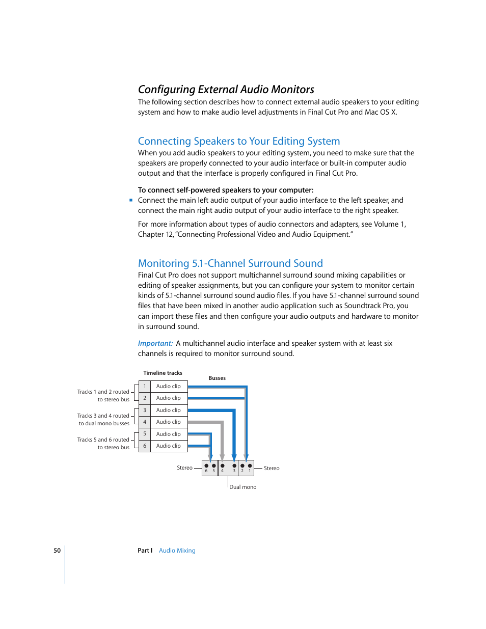 Configuring external audio monitors, Connecting speakers to your editing system, Monitoring 5.1-channel surround sound | P. 50) | Apple Final Cut Pro 6 User Manual | Page 835 / 2033