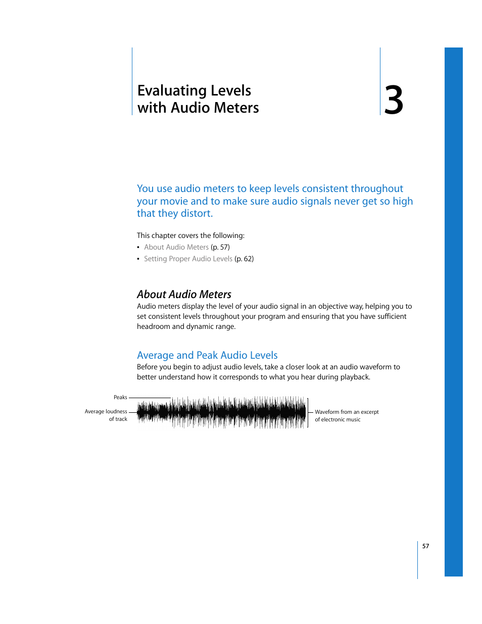 Evaluating levels withaudiometers, About audio meters, Average and peak audio levels | Chapter 3, Evaluating levels with audio meters | Apple Final Cut Pro 6 User Manual | Page 842 / 2033