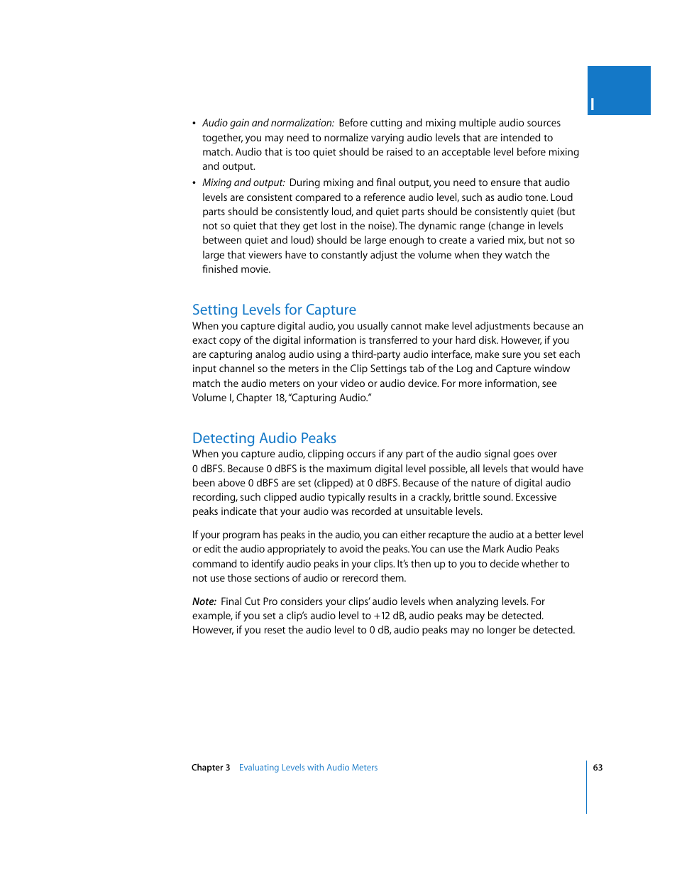 Setting levels for capture, Detecting audio peaks | Apple Final Cut Pro 6 User Manual | Page 848 / 2033