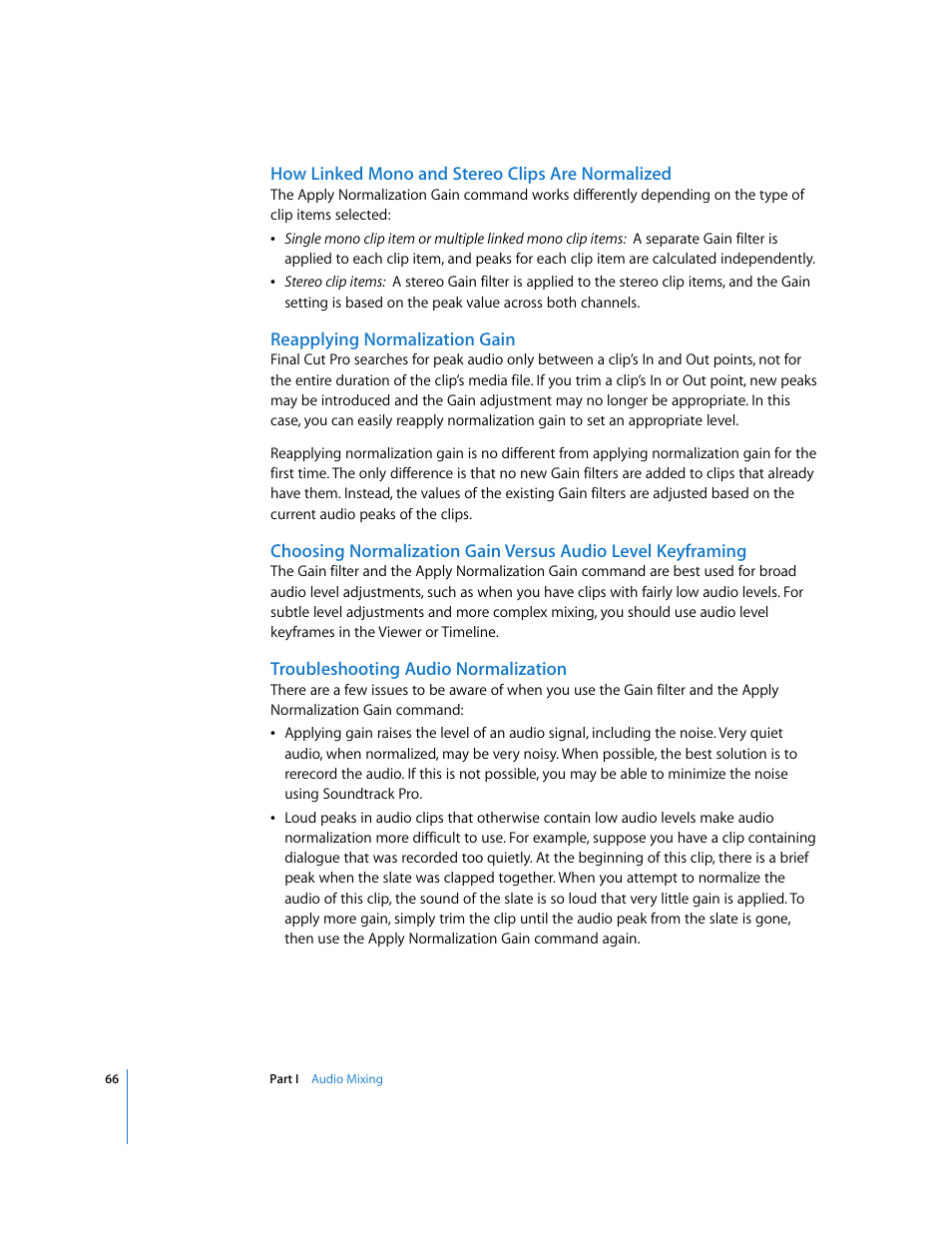 How linked mono and stereo clips are normalized, Reapplying normalization gain, Troubleshooting audio normalization | Apple Final Cut Pro 6 User Manual | Page 851 / 2033