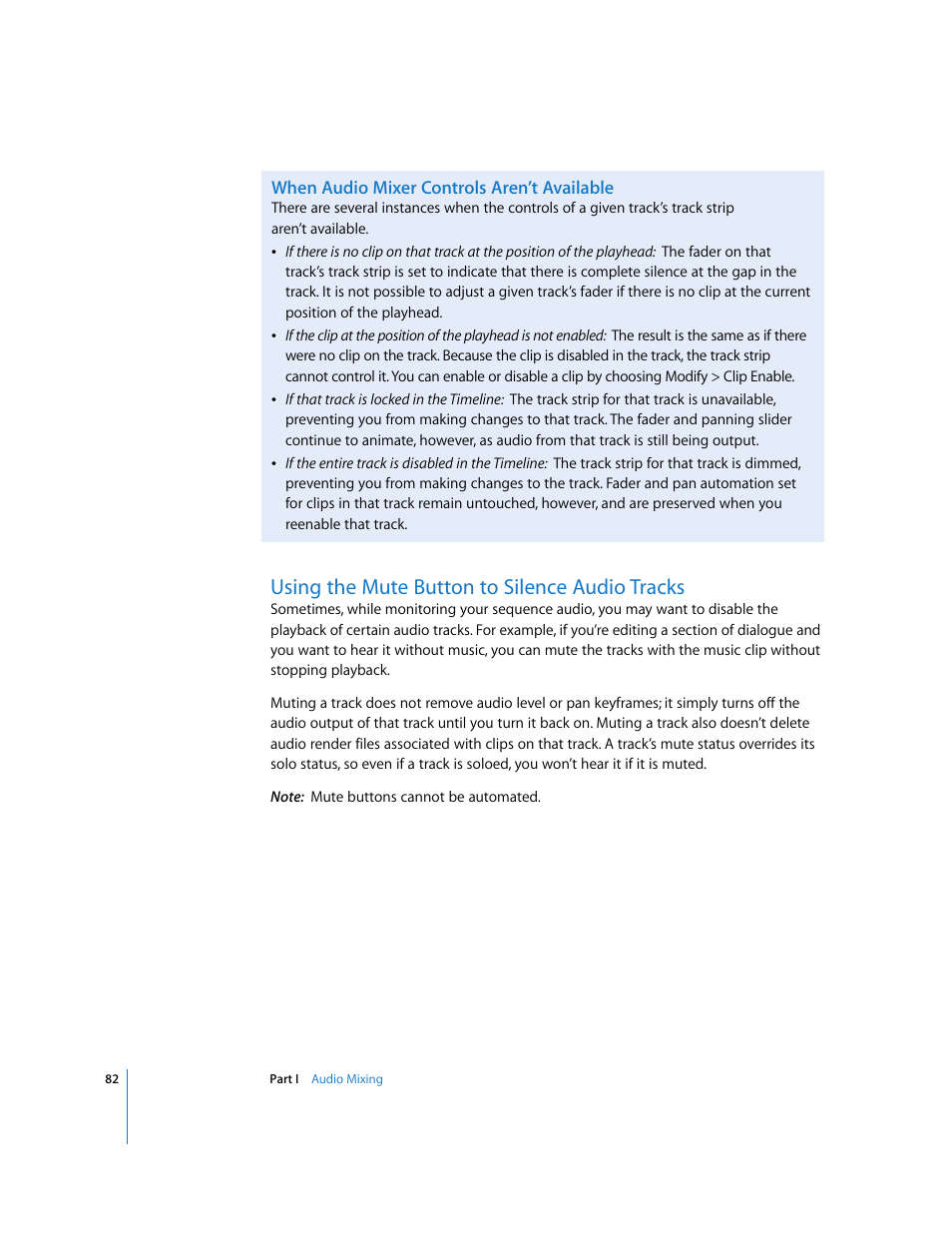 When audio mixer controls aren’t available, Using the mute button to silence audio tracks | Apple Final Cut Pro 6 User Manual | Page 867 / 2033