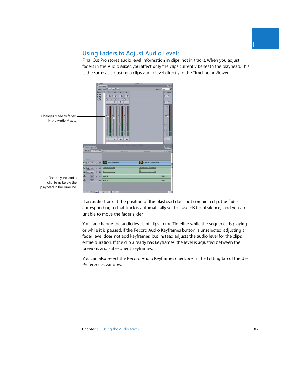 Using faders to adjust audio levels | Apple Final Cut Pro 6 User Manual | Page 870 / 2033