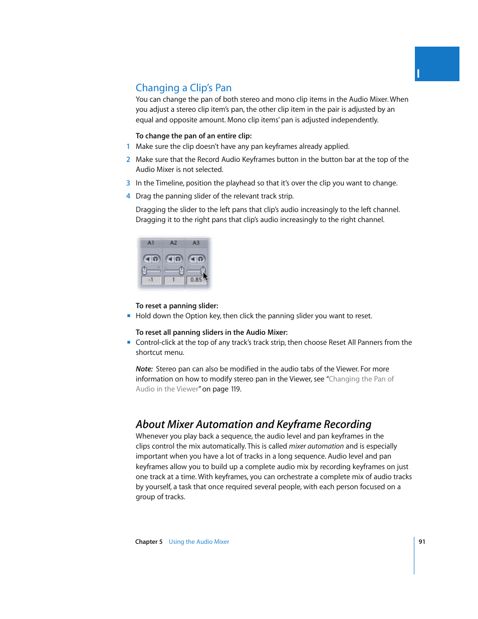 Changing a clip’s pan, About mixer automation and keyframe recording, P. 91) | Apple Final Cut Pro 6 User Manual | Page 876 / 2033