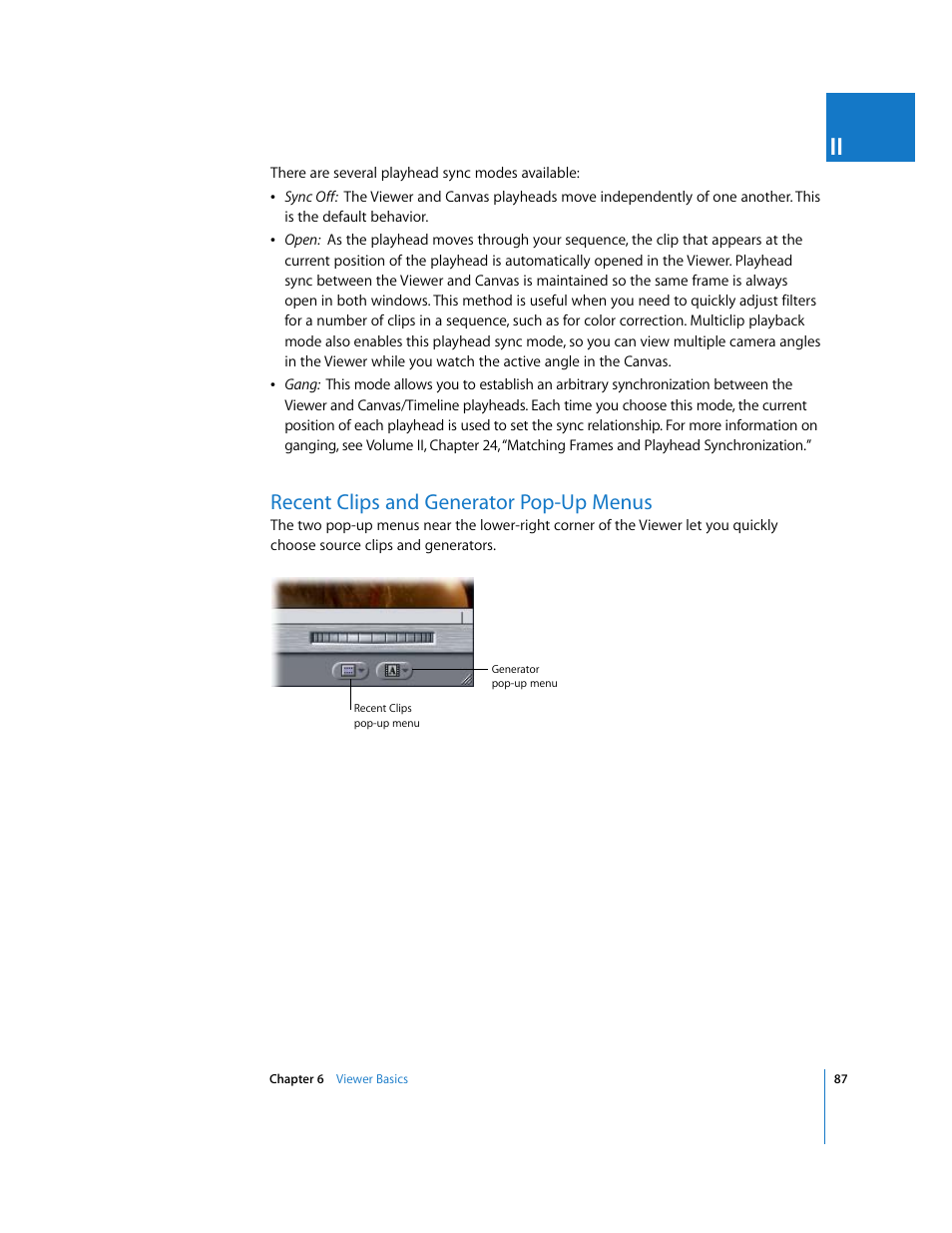 Recent clips and generator pop-up menus, P. 87) | Apple Final Cut Pro 6 User Manual | Page 88 / 2033
