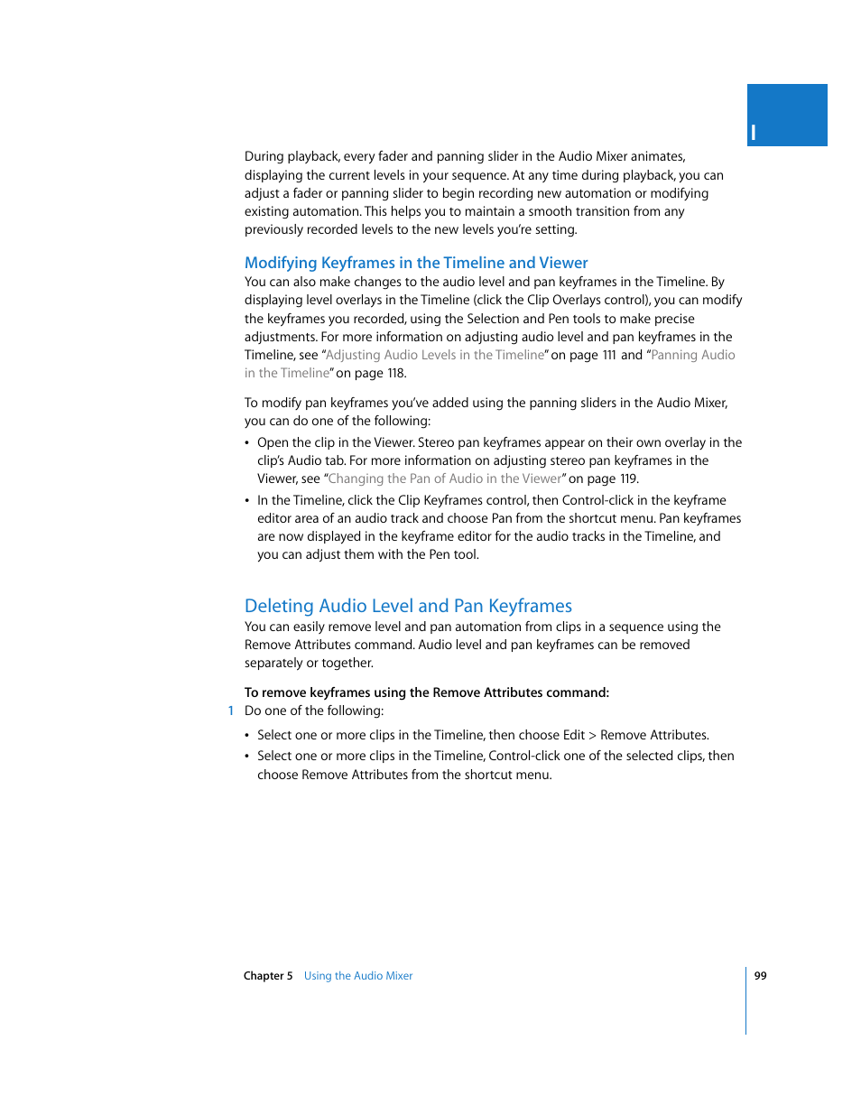 Modifying keyframes in the timeline and viewer, Deleting audio level and pan keyframes | Apple Final Cut Pro 6 User Manual | Page 884 / 2033