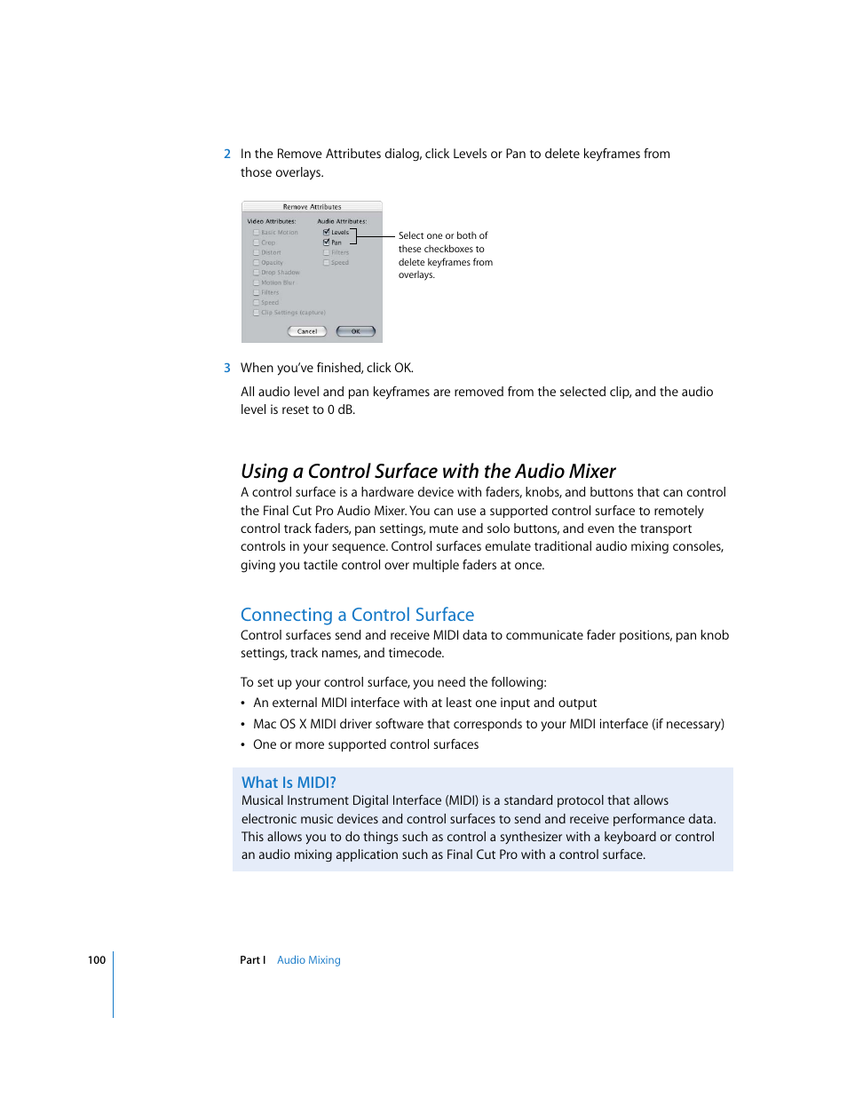 Using a control surface with the audio mixer, Connecting a control surface, What is midi | Using a control surface with the, Audio mixer, P. 100), Using, A control surface with the audio mixer | Apple Final Cut Pro 6 User Manual | Page 885 / 2033