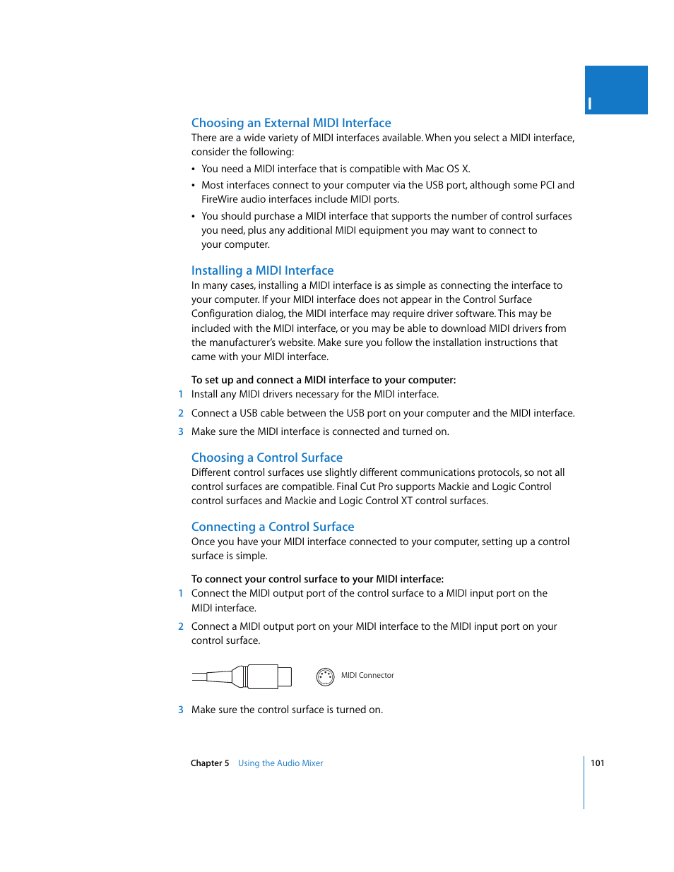 Choosing an external midi interface, Installing a midi interface, Choosing a control surface | Connecting a control surface | Apple Final Cut Pro 6 User Manual | Page 886 / 2033