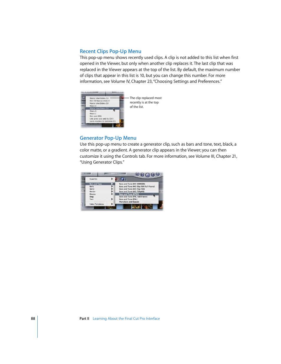 Recent clips pop-up menu, Generator pop-up menu | Apple Final Cut Pro 6 User Manual | Page 89 / 2033