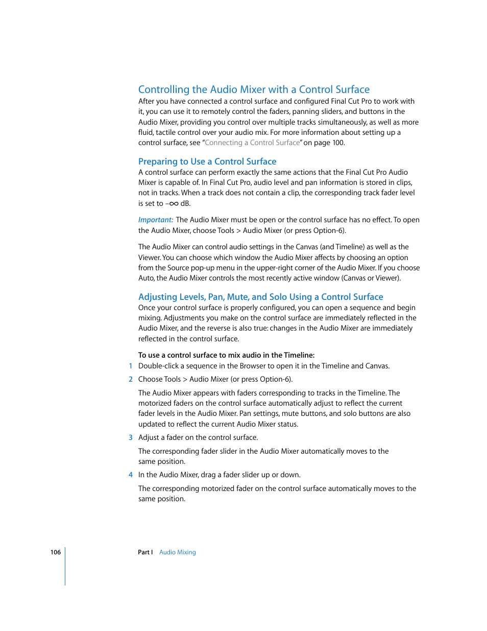 Controlling the audio mixer with a control surface, Preparing to use a control surface | Apple Final Cut Pro 6 User Manual | Page 891 / 2033