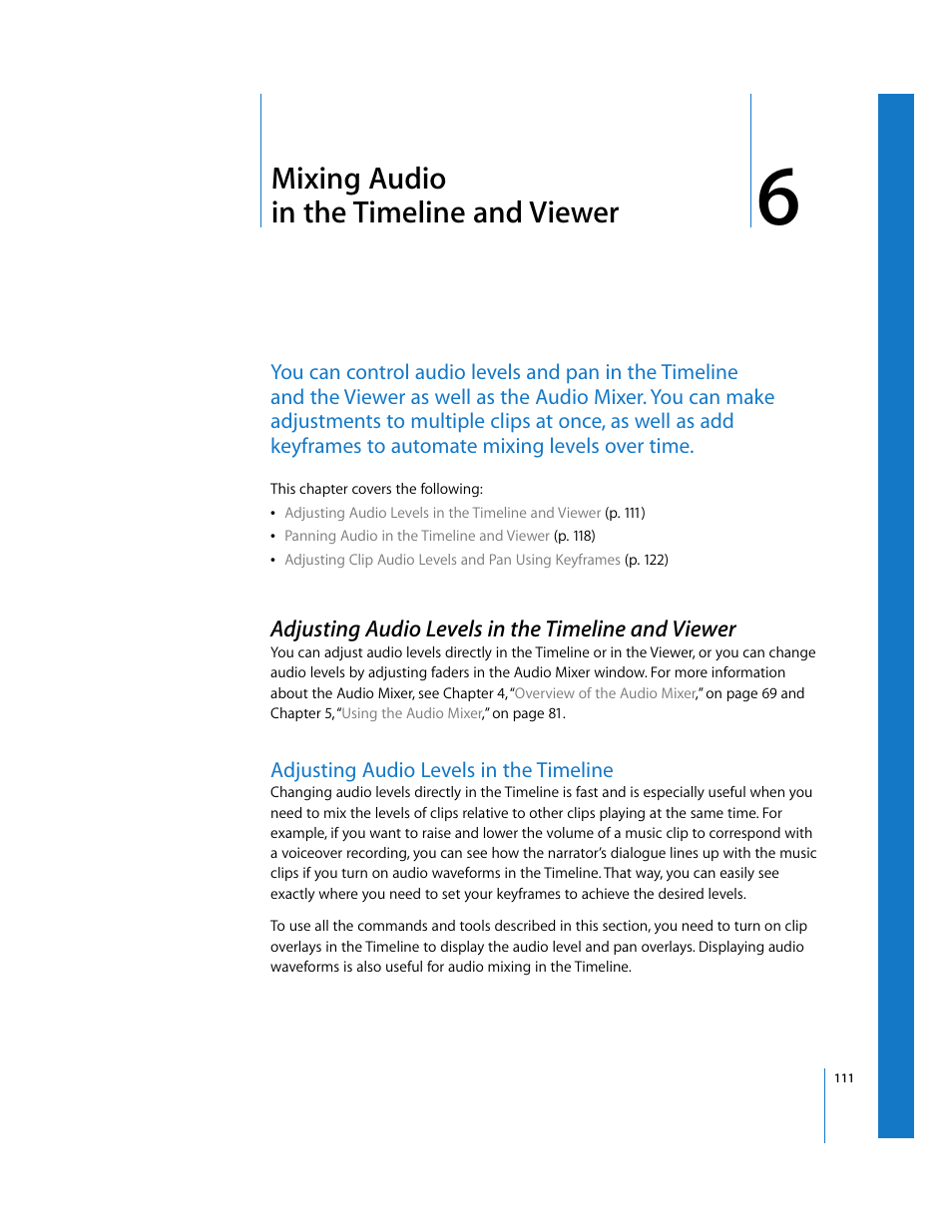 Mixing audio inthetimelineandviewer, Adjusting audio levels in the timeline and viewer, Adjusting audio levels in the timeline | Chapter 6, Mixing audio in the timeline and viewer, Adjusting audio levels in the, Timeline | Apple Final Cut Pro 6 User Manual | Page 896 / 2033