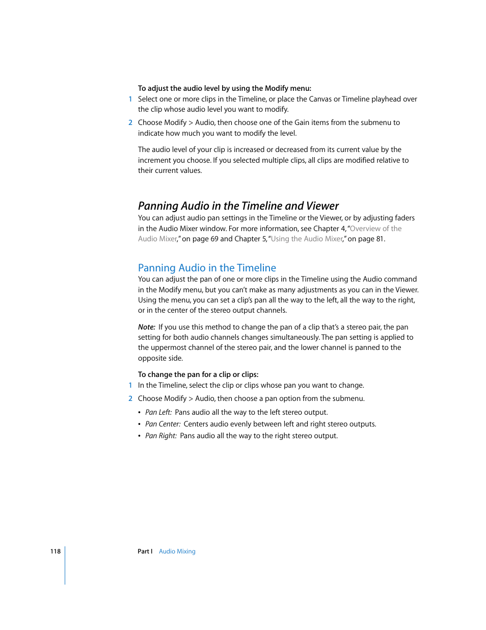 Panning audio in the timeline and viewer, Panning audio in the timeline, Panning audio | In the timeline, P. 118) | Apple Final Cut Pro 6 User Manual | Page 903 / 2033