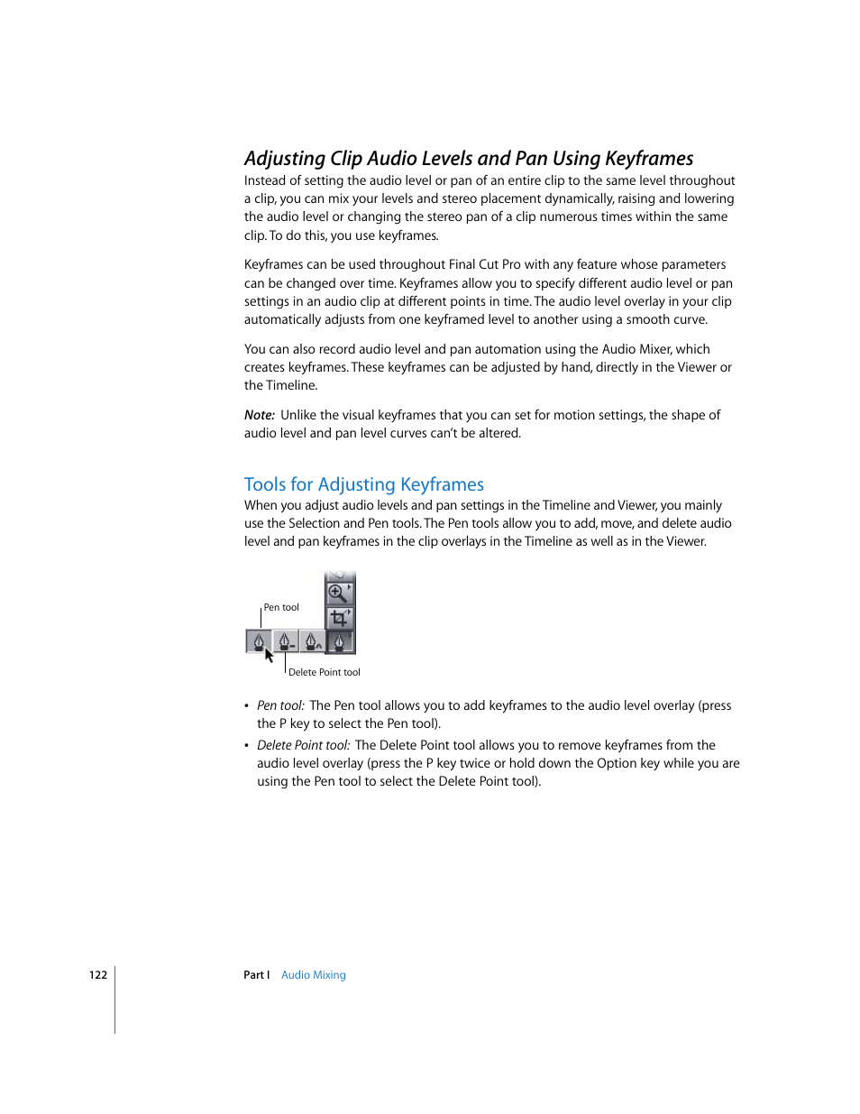 Tools for adjusting keyframes, P. 122), E detail in | Adjusting clip audio levels, And pan using keyframes | Apple Final Cut Pro 6 User Manual | Page 907 / 2033