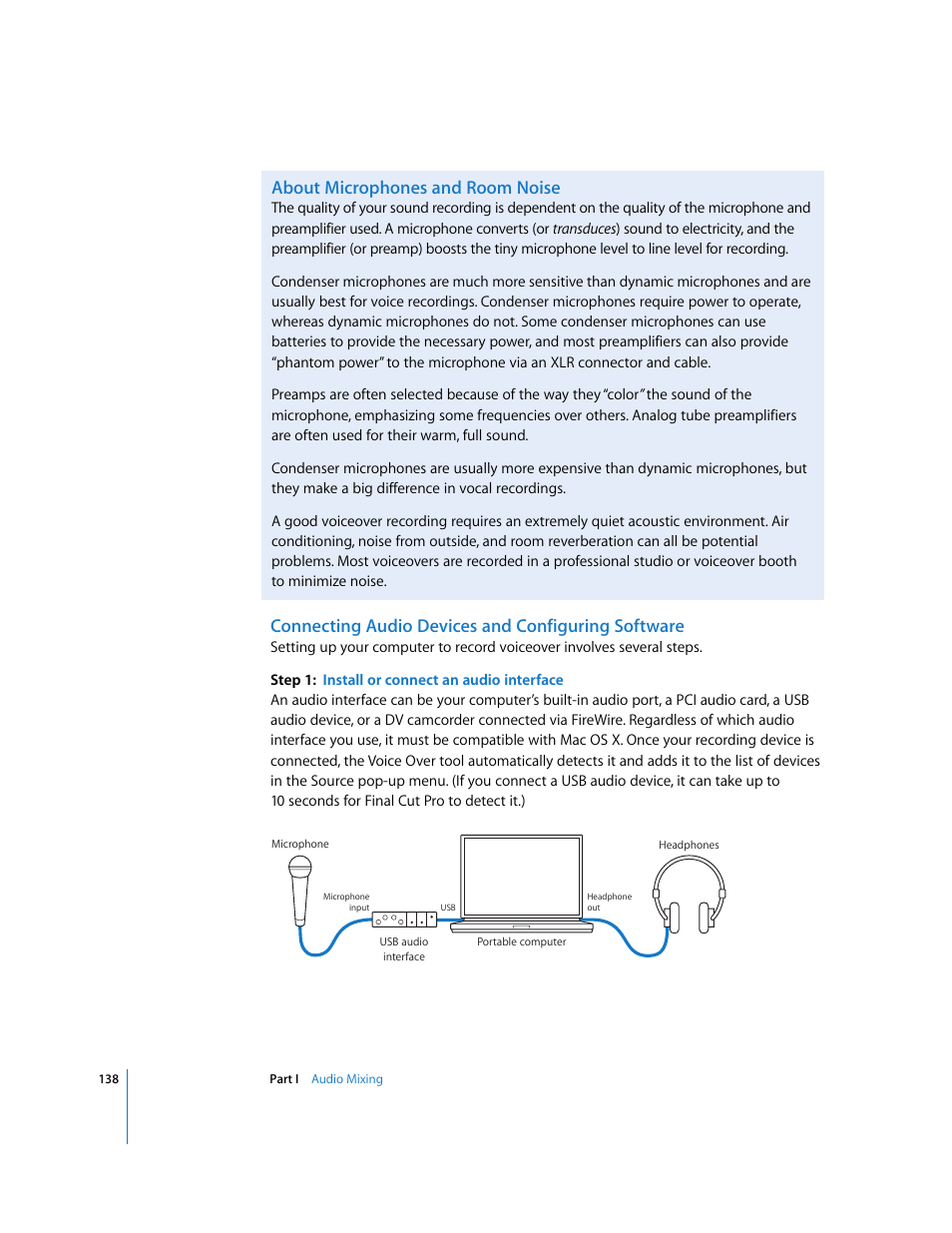 About microphones and room noise, Connecting audio devices and configuring software | Apple Final Cut Pro 6 User Manual | Page 923 / 2033