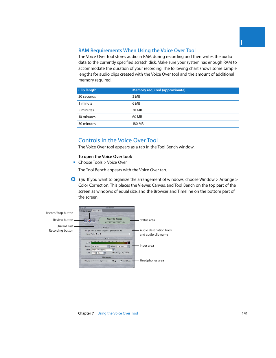 Ram requirements when using the voice over tool, Controls in the voice over tool, P. 141) | Apple Final Cut Pro 6 User Manual | Page 926 / 2033