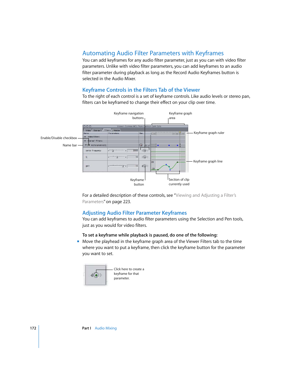Automating audio filter parameters with keyframes, Keyframe controls in the filters tab of the viewer, Adjusting audio filter parameter keyframes | Apple Final Cut Pro 6 User Manual | Page 957 / 2033