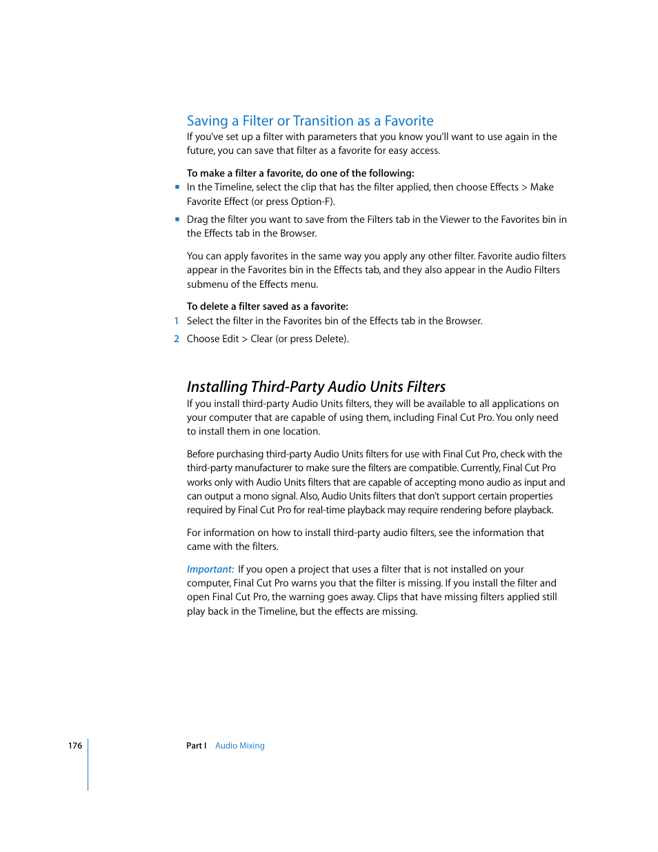 Saving a filter or transition as a favorite, Installing third-party audio units filters, P. 176) | Apple Final Cut Pro 6 User Manual | Page 961 / 2033