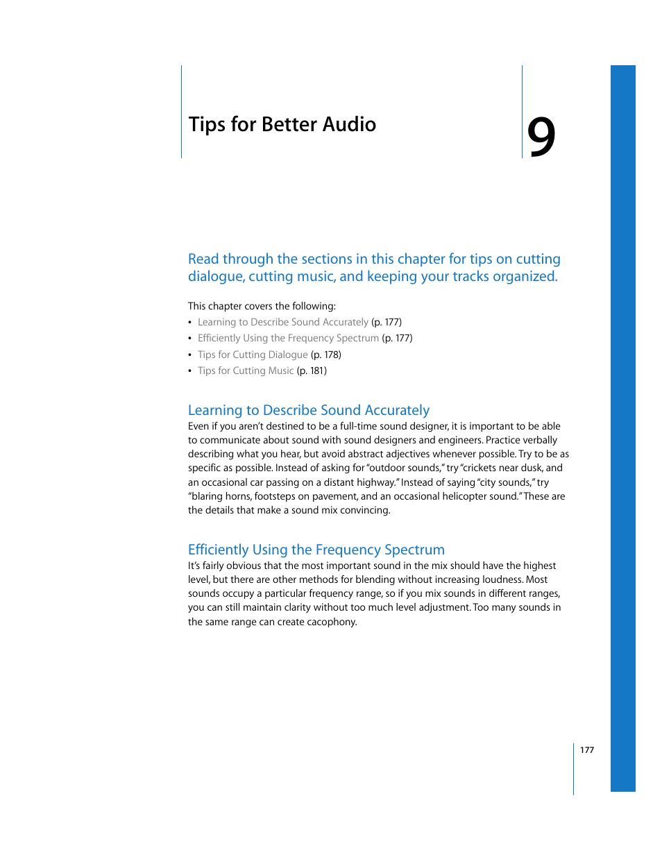 Tips for better audio, Learning to describe sound accurately, Efficiently using the frequency spectrum | Chapter 9 | Apple Final Cut Pro 6 User Manual | Page 962 / 2033