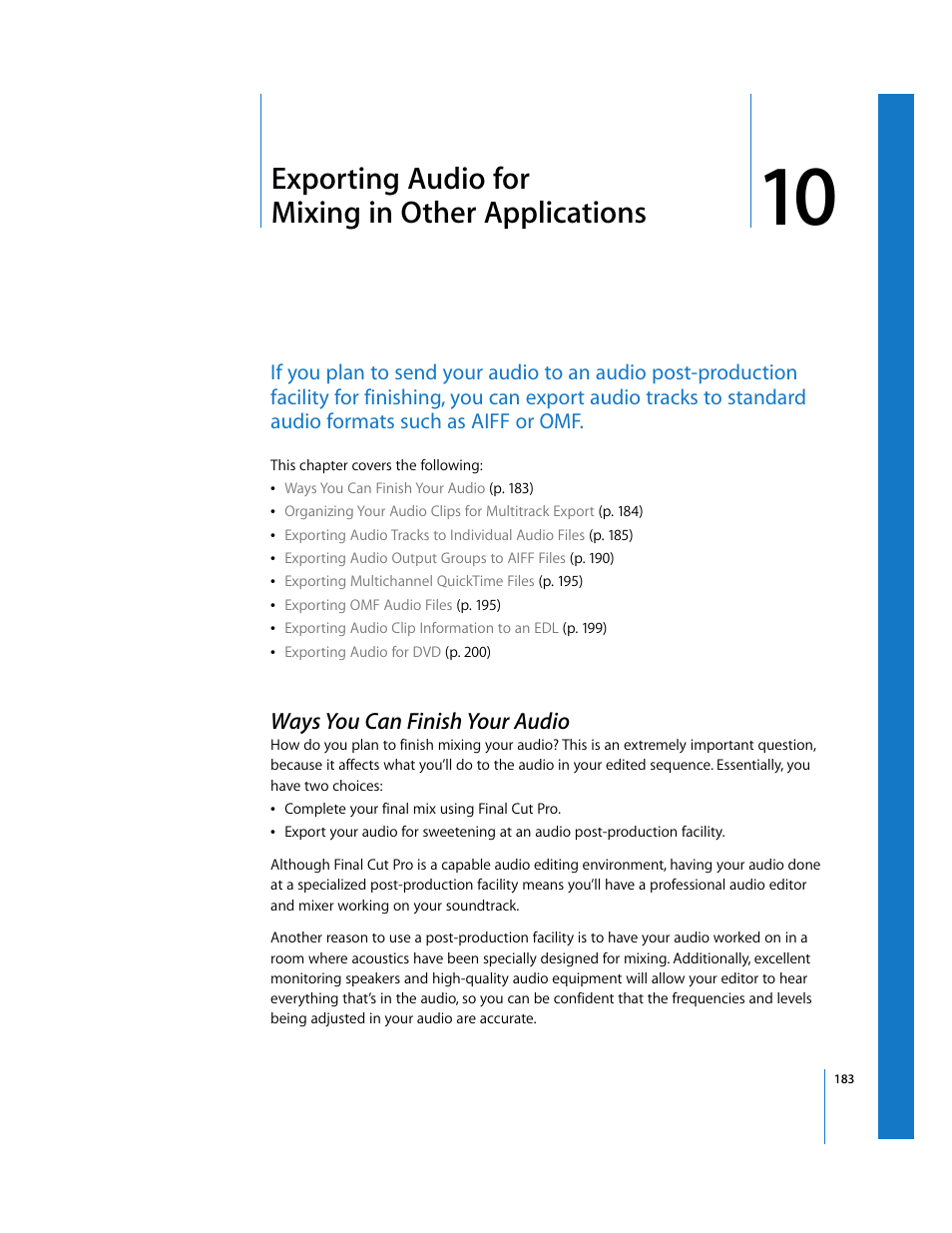 Exporting audio for mixinginother applications, Ways you can finish your audio, Chapter 10 | Exporting audio for mixing in other applications | Apple Final Cut Pro 6 User Manual | Page 968 / 2033