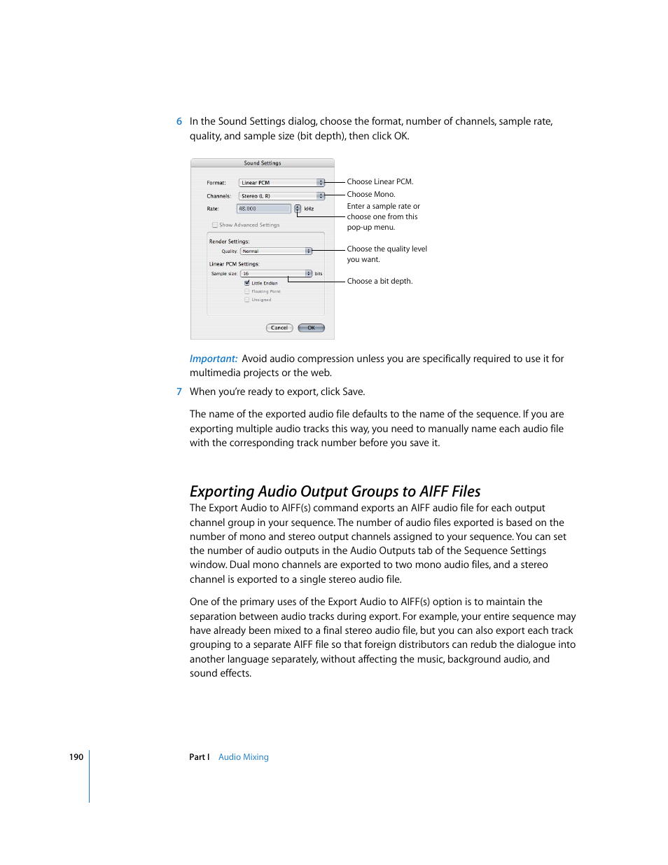 Exporting audio output groups to aiff files, Exporting audio, Output groups to aiff files | P. 190) | Apple Final Cut Pro 6 User Manual | Page 975 / 2033