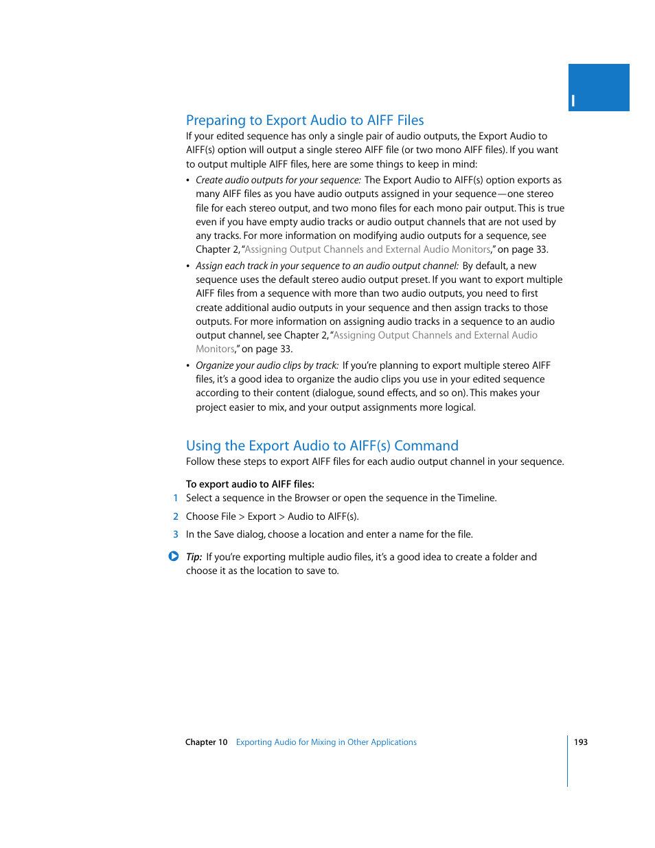 Preparing to export audio to aiff files, Using the export audio to aiff(s) command, Using | The export audio to aiff(s) command | Apple Final Cut Pro 6 User Manual | Page 978 / 2033