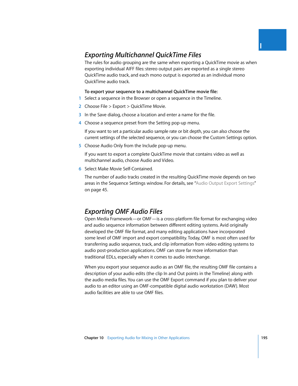 Exporting multichannel quicktime files, Exporting omf audio files, Exporting multichannel quicktime | Files, P. 195) | Apple Final Cut Pro 6 User Manual | Page 980 / 2033