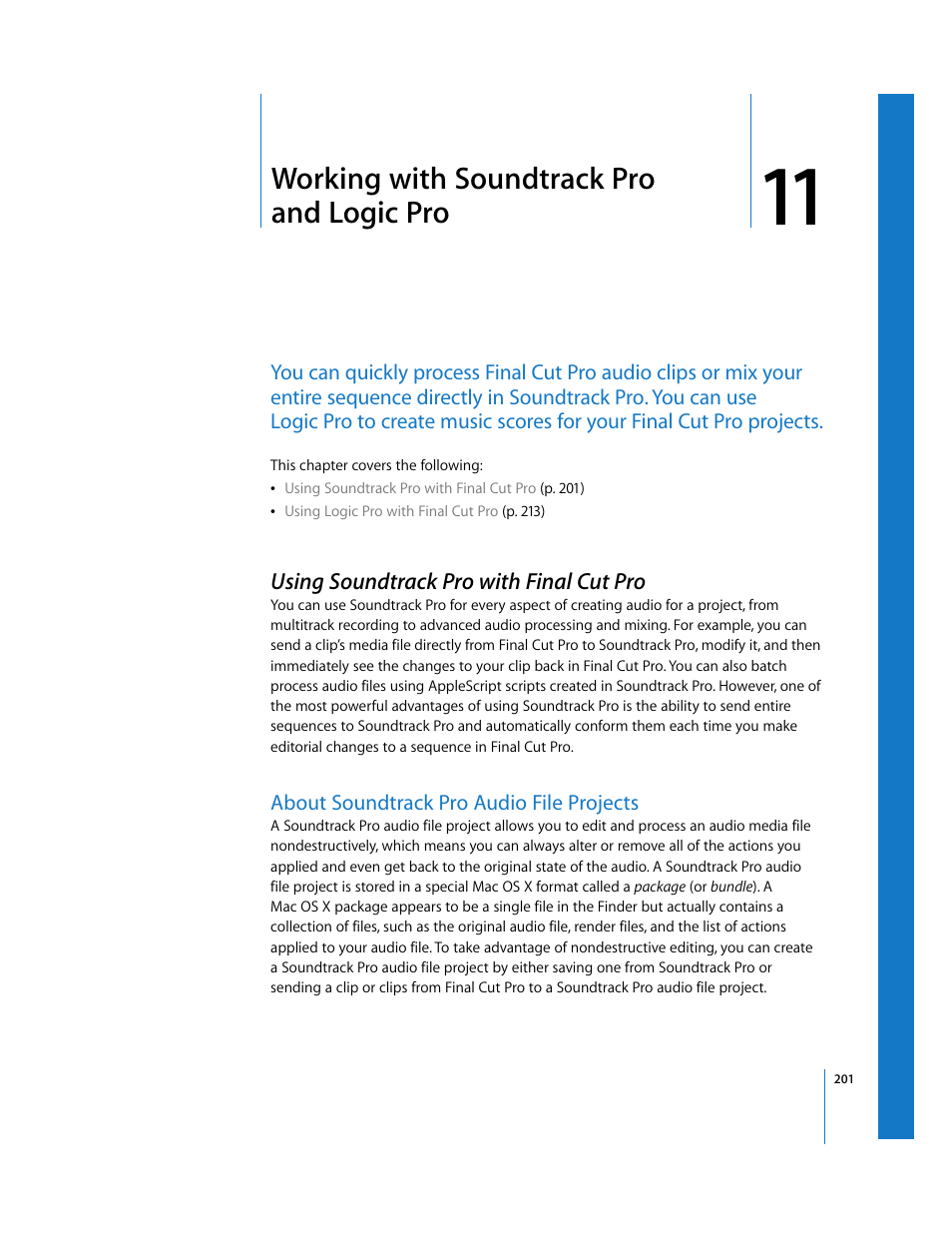 Working with soundtrackpro andlogicpro, Using soundtrackpro with finalcutpro, About soundtrackpro audio file projects | Chapter 11, Working with soundtrack pro and logic pro, Using soundtrack pro with final cut pro, About soundtrack pro audio file projects | Apple Final Cut Pro 6 User Manual | Page 986 / 2033