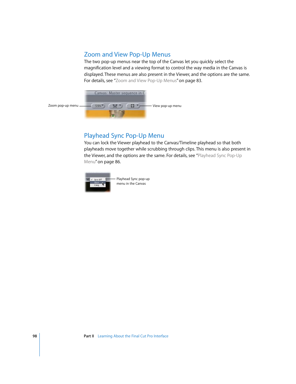 Zoom and view pop-up menus, Playhead sync pop-up menu, P. 98) | Apple Final Cut Pro 6 User Manual | Page 99 / 2033