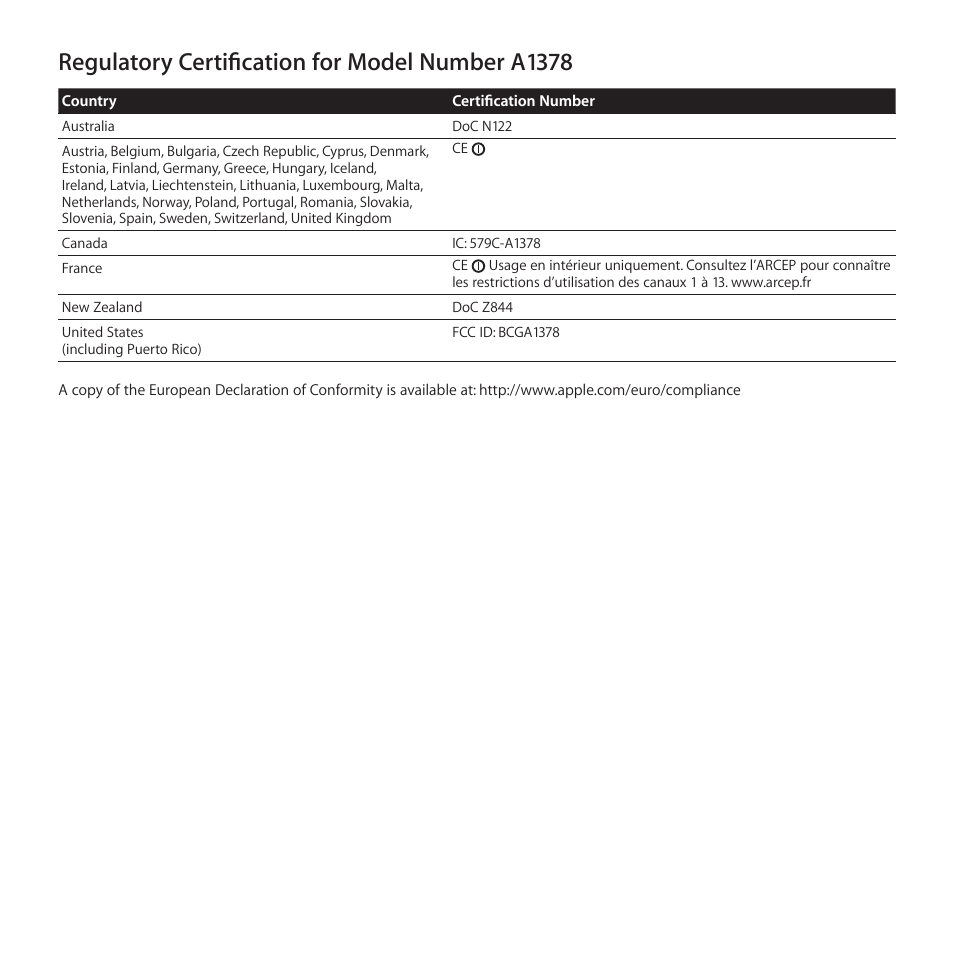 Regulatory certification for model number a1378 | Apple TV (2nd generation) User Manual | Page 18 / 20