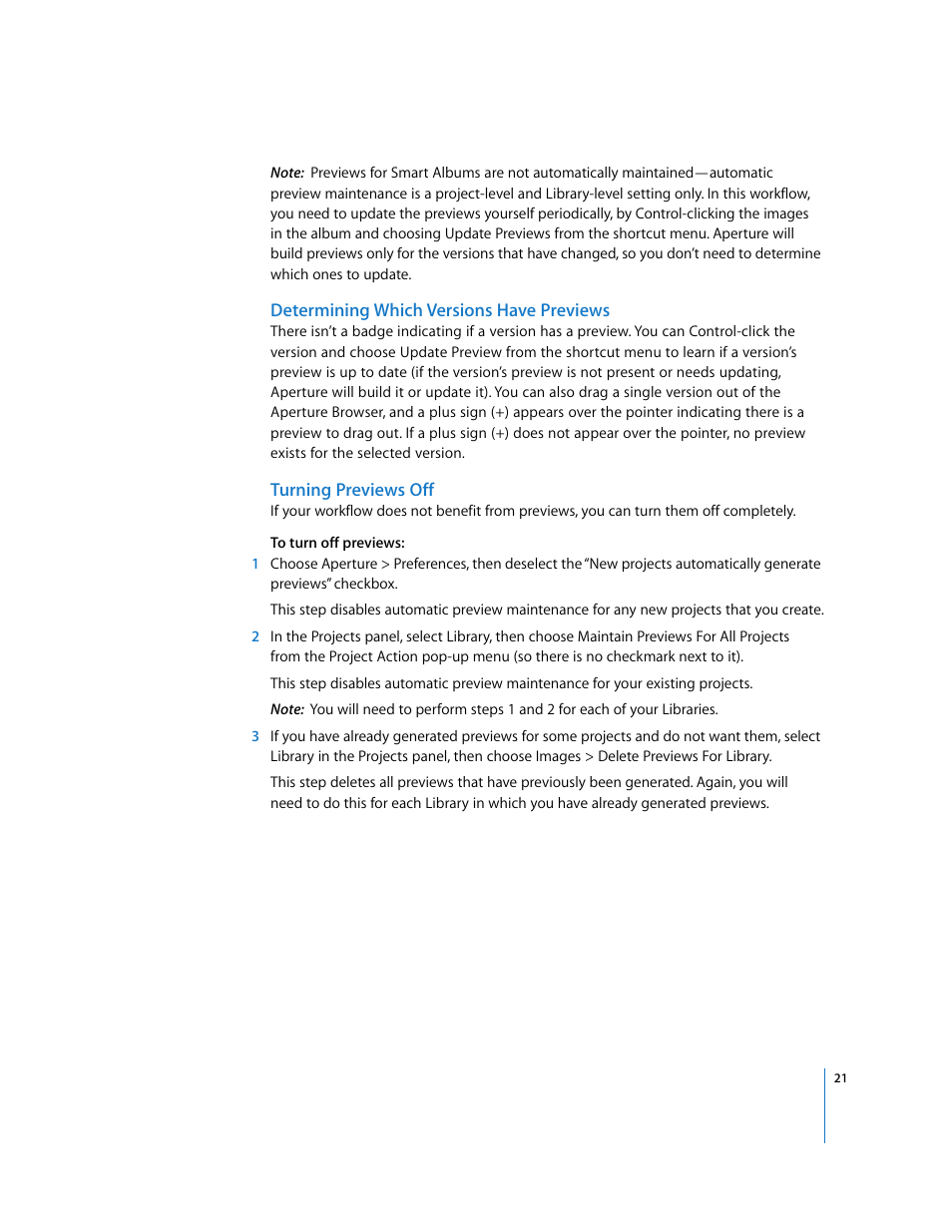 Determining which versions have previews, Turning previews off | Apple Aperture Late-Breaking News User Manual | Page 21 / 32