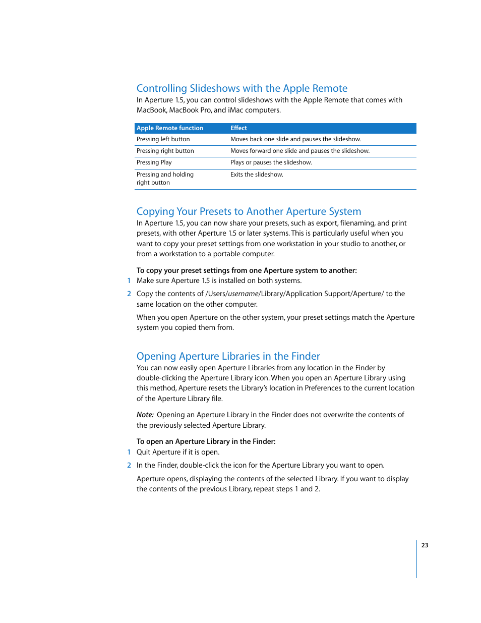 Controlling slideshows with the apple remote, Copying your presets to another aperture system, Opening aperture libraries in the finder | Apple Aperture Late-Breaking News User Manual | Page 23 / 32