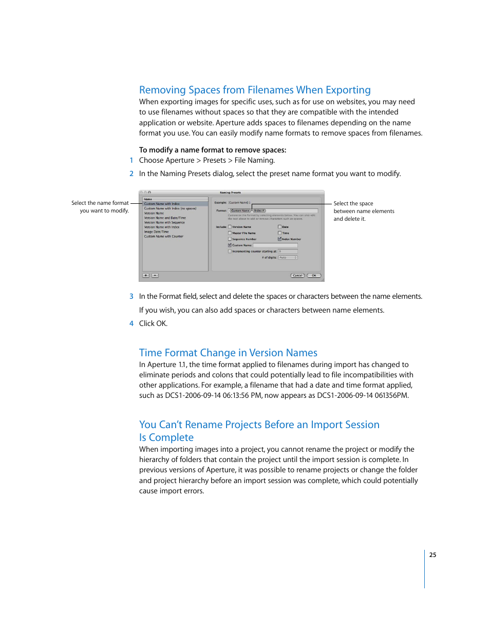Removing spaces from filenames when exporting, Time format change in version names | Apple Aperture Late-Breaking News User Manual | Page 25 / 32
