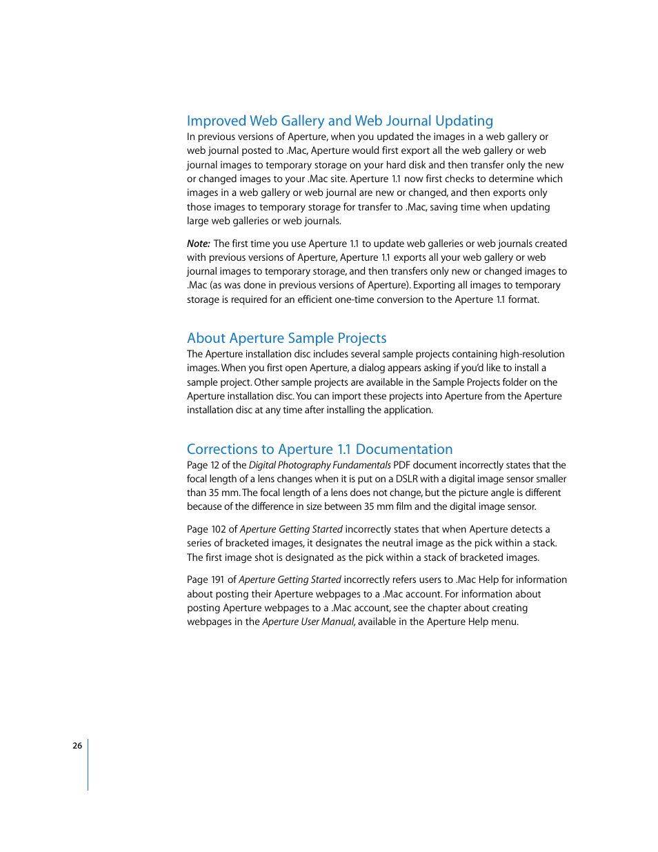 Improved web gallery and web journal updating, About aperture sample projects, Corrections to aperture 1.1 documentation | Apple Aperture Late-Breaking News User Manual | Page 26 / 32