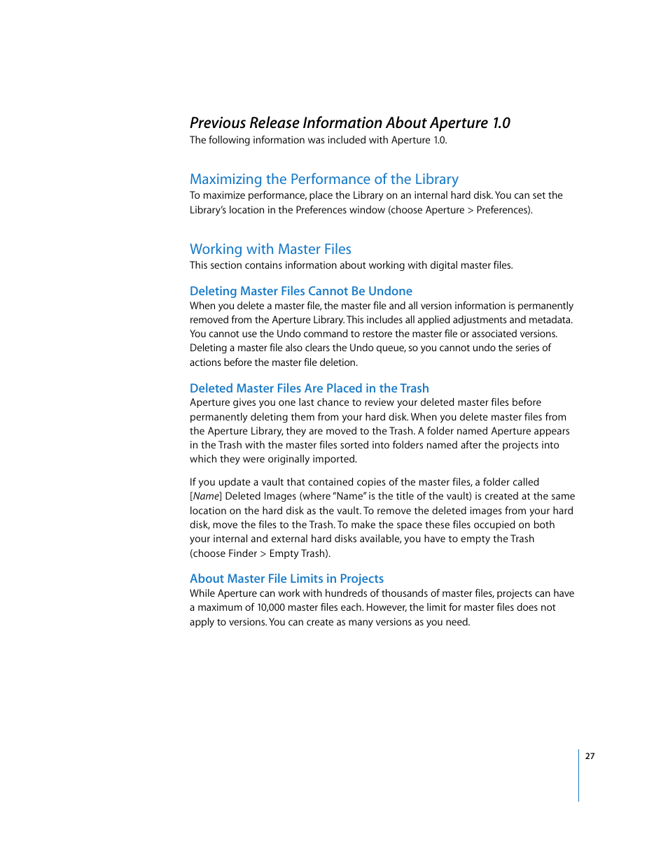 Previous release information about aperture 1.0, Maximizing the performance of the library, Working with master files | Deleting master files cannot be undone, Deleted master files are placed in the trash, About master file limits in projects, P. 27) | Apple Aperture Late-Breaking News User Manual | Page 27 / 32