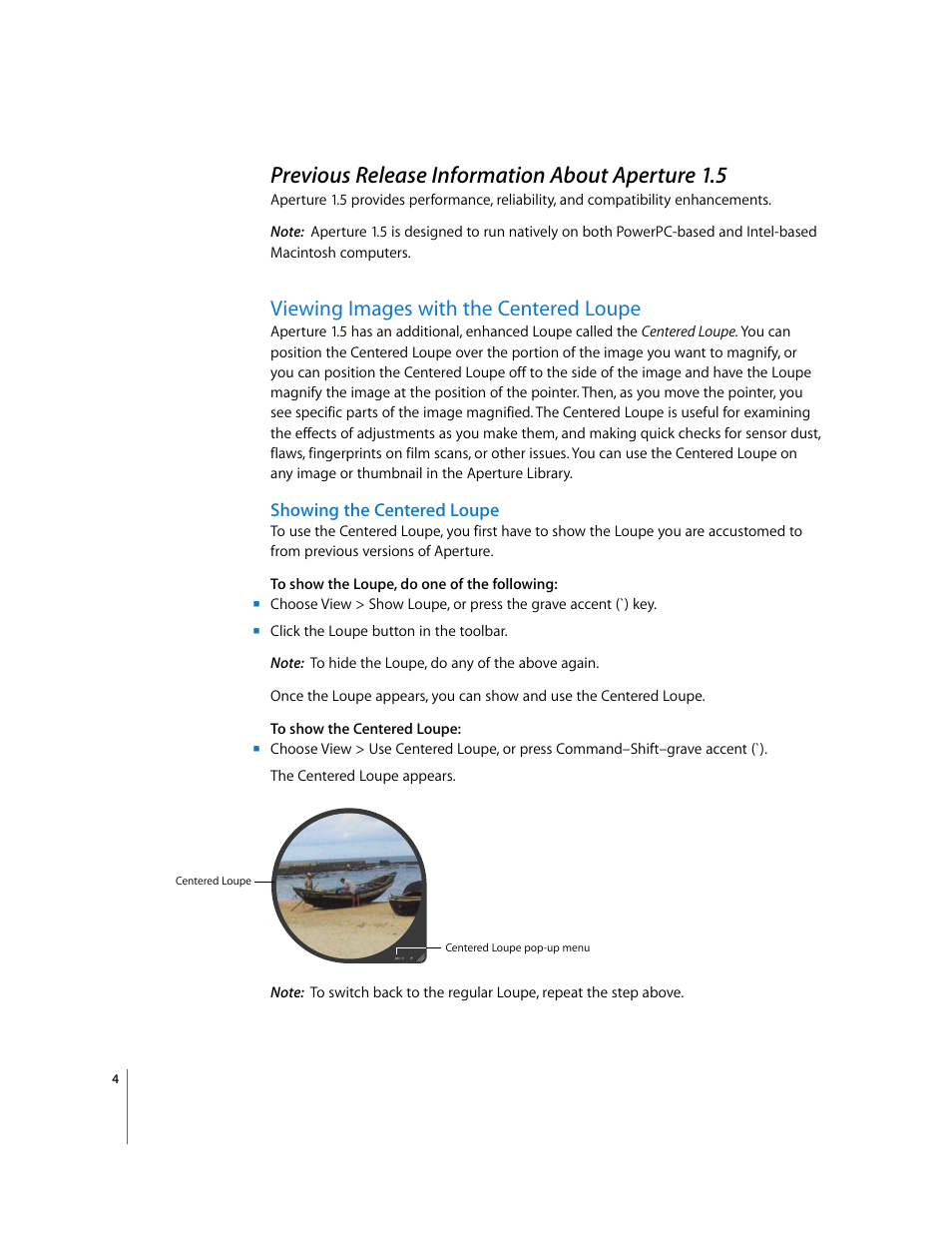 Previous release information about aperture 1.5, Viewing images with the centered loupe, Showing the centered loupe | P. 4) | Apple Aperture Late-Breaking News User Manual | Page 4 / 32