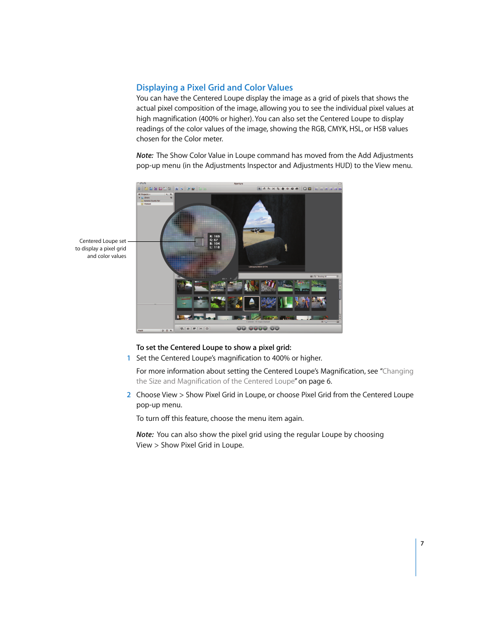 Displaying a pixel grid and color values | Apple Aperture Late-Breaking News User Manual | Page 7 / 32