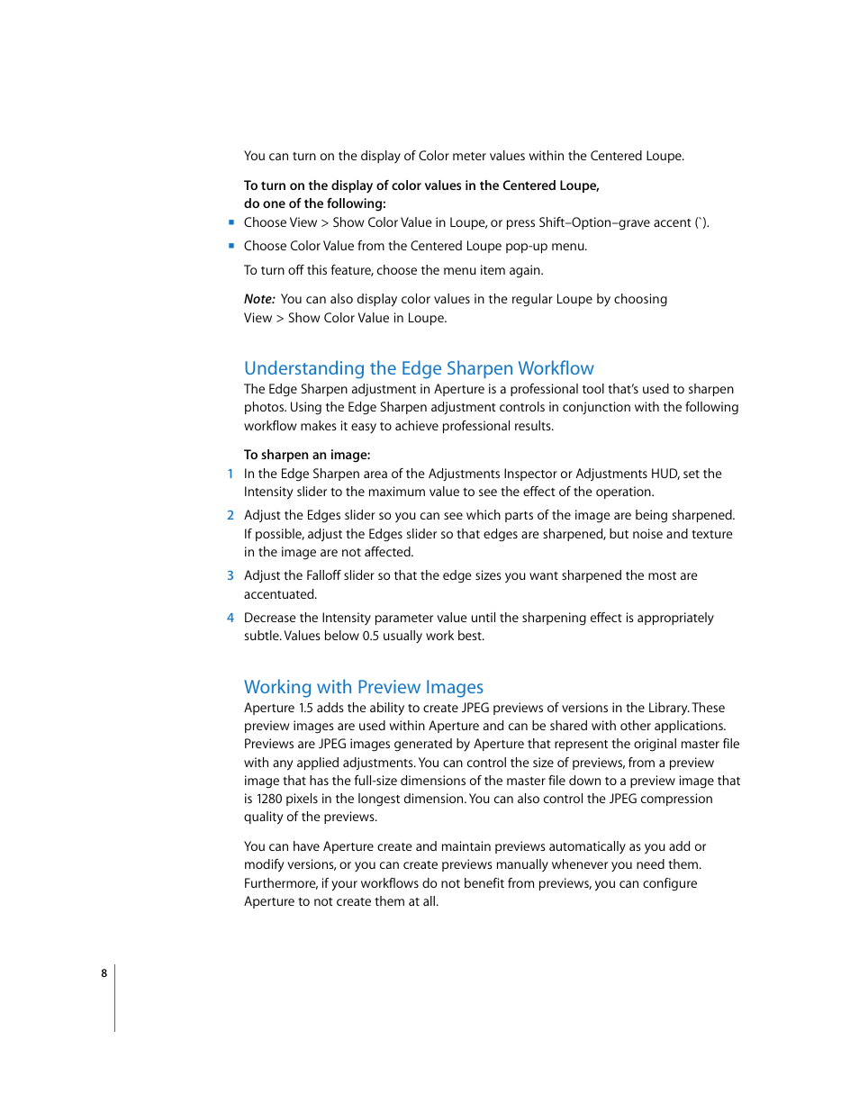 Understanding the edge sharpen workflow, Working with preview images | Apple Aperture Late-Breaking News User Manual | Page 8 / 32