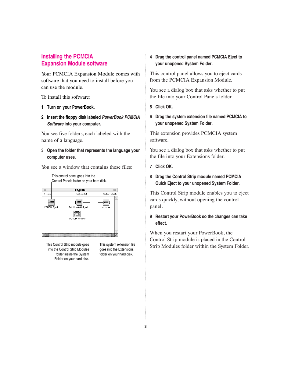 Installing the pcmcia expansion module software | Apple PowerBook PCMCIA Expansion Module User Manual | Page 3 / 8