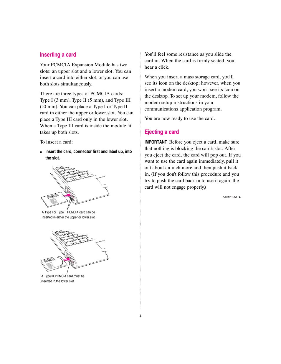 Inserting a card, Ejecting a card | Apple PowerBook PCMCIA Expansion Module User Manual | Page 4 / 8