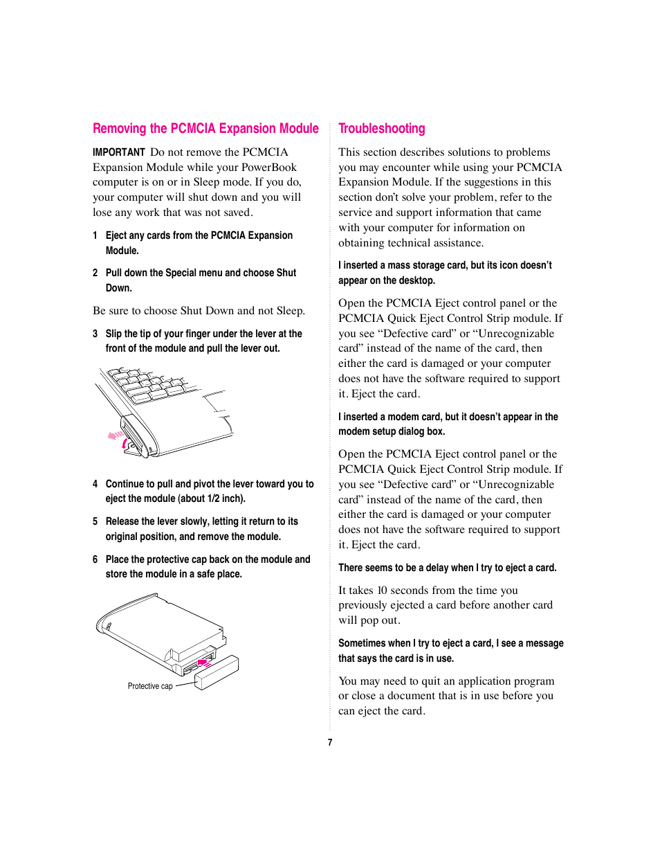 Removing the pcmcia expansion module, Troubleshooting | Apple PowerBook PCMCIA Expansion Module User Manual | Page 7 / 8