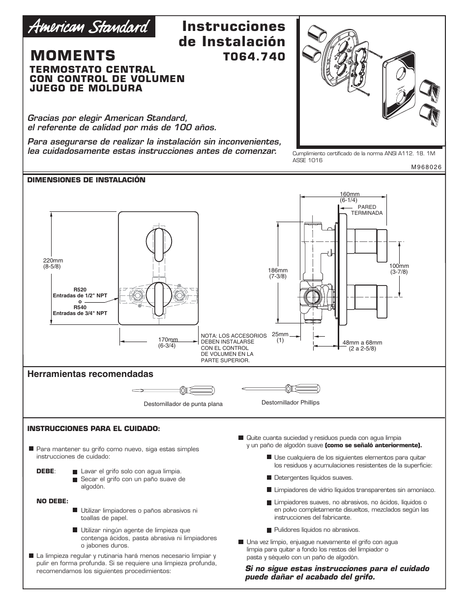 Moments_t506740-ls, Moments, Instrucciones de instalación | Herramientas recomendadas | American Standard Moments T506.740 User Manual | Page 9 / 12