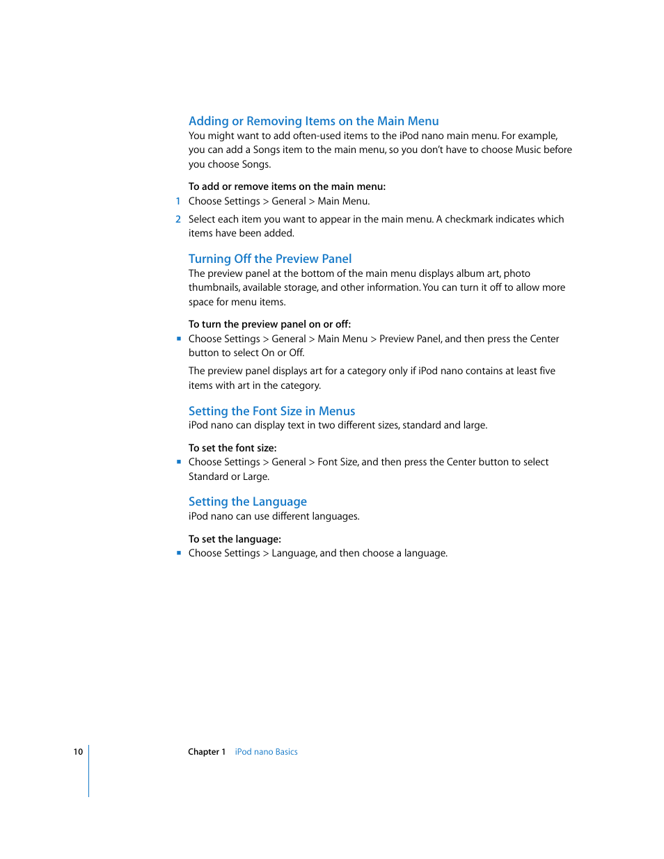 Adding or removing items on the main menu, Turning off the preview panel, Setting the font size in menus | Setting the language | Apple iPod nano (5th generation) User Manual | Page 10 / 104