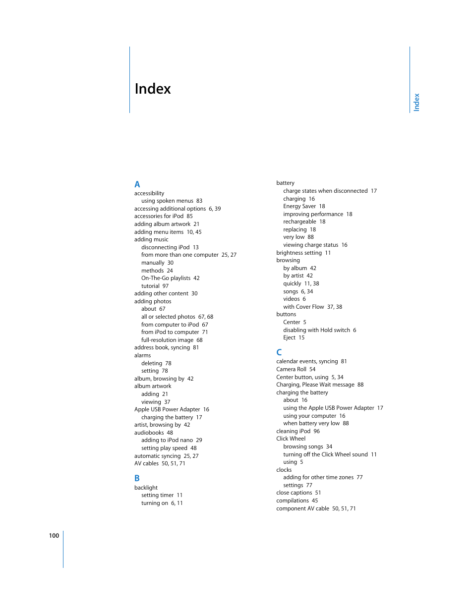 Index | Apple iPod nano (5th generation) User Manual | Page 100 / 104