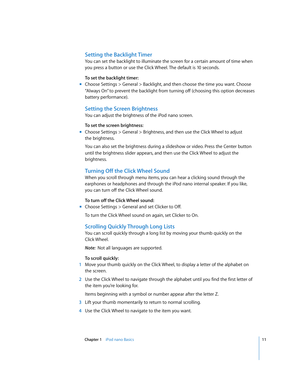 Setting the backlight timer, Setting the screen brightness, Turning off the click wheel sound | Scrolling quickly through long lists | Apple iPod nano (5th generation) User Manual | Page 11 / 104