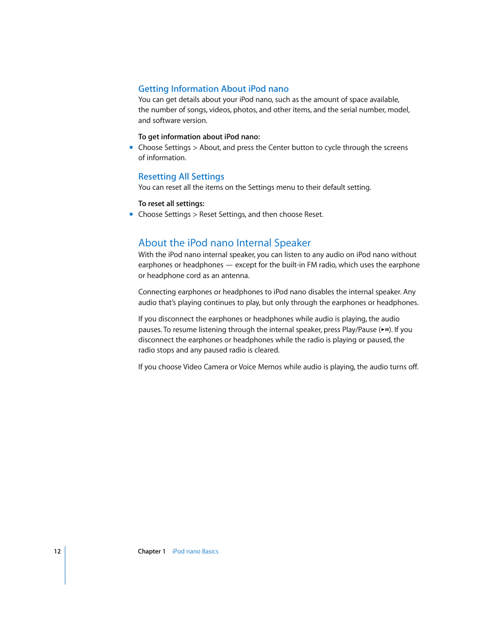 Getting information about ipodnano, Resetting all settings, About the ipodnano internal speaker | About the ipod nano internal speaker | Apple iPod nano (5th generation) User Manual | Page 12 / 104