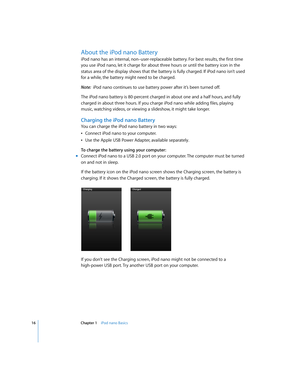 About the ipodnano battery, Charging the ipodnano battery, About the ipod nano battery | Apple iPod nano (5th generation) User Manual | Page 16 / 104