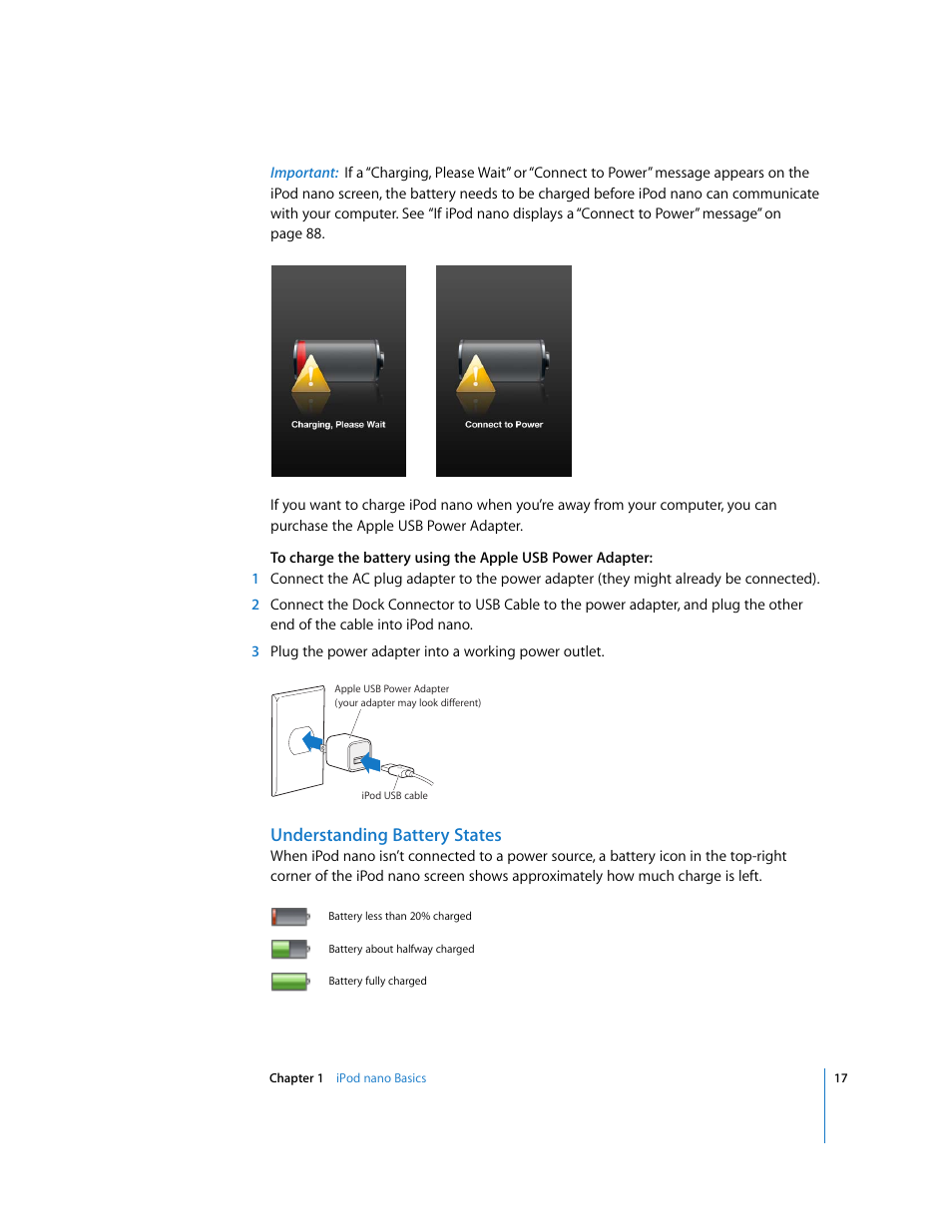 Understanding battery states | Apple iPod nano (5th generation) User Manual | Page 17 / 104