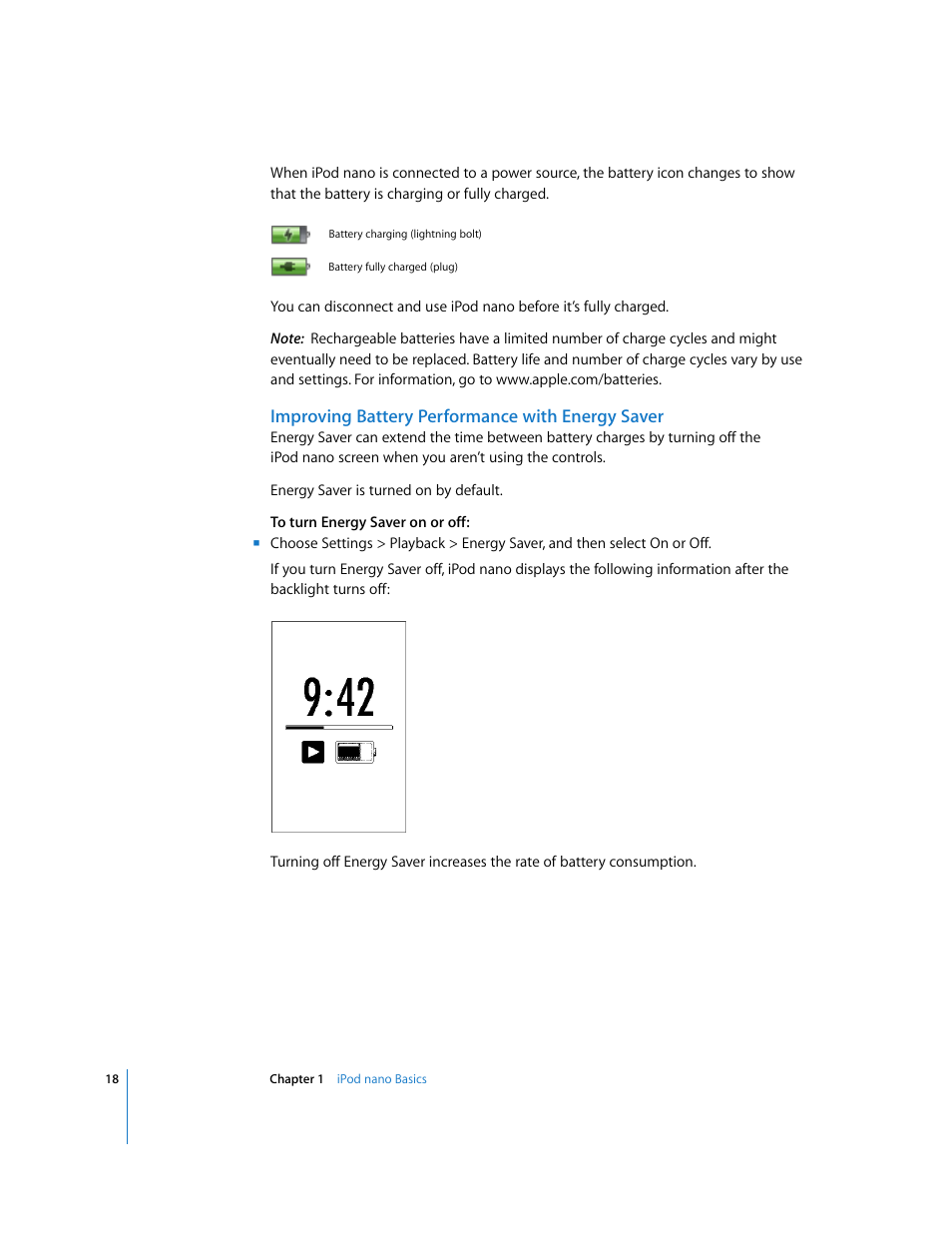 Improving battery performance with energy saver | Apple iPod nano (5th generation) User Manual | Page 18 / 104